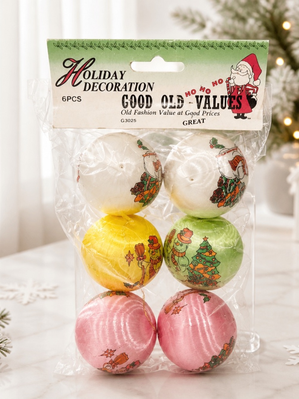 Holiday Ornament Set - White, Yellow, Green, Pink (6-Pack)